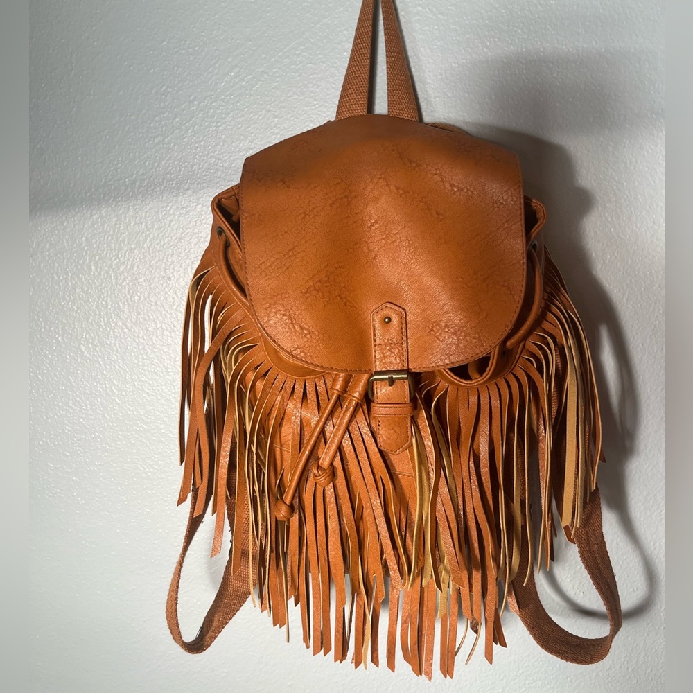 Woman's Mossimo Brown Faux Leather Backpack/Purse with Fringe Detail